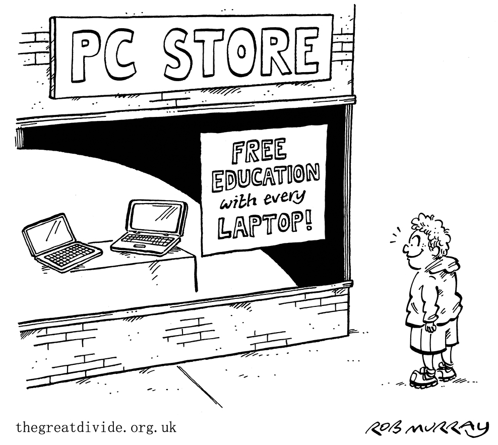 A cartoon drawing by the famous Rob Murray showing Reusing IT's work throughout COVID